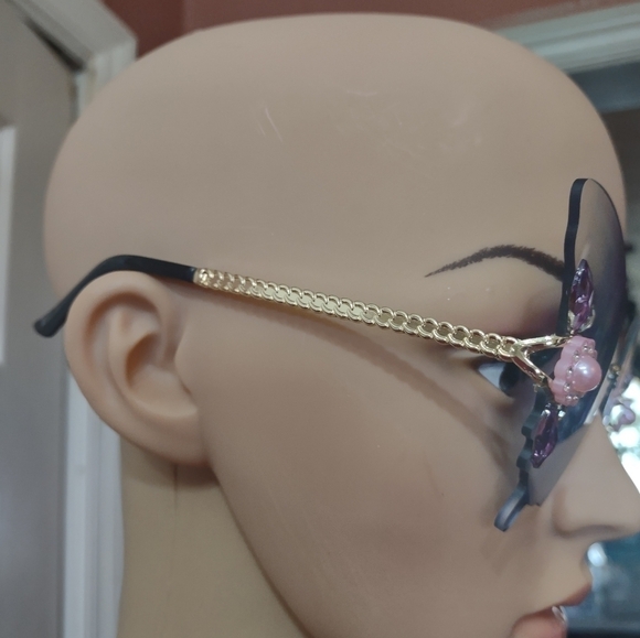 New Blue butterfly rhinestone sunglasses fashion women's rimless - Picture 5 of 7